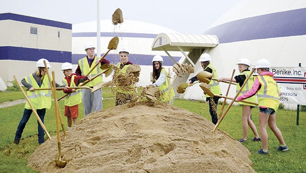 The Grand Meadow Public Schools student council representatives break ground during the offical groundbreaking ceremony for the new expansion at Grand Meadow Public Schools Tuesday morning. Photos by Jenae Hackensmith/jenae.hackensmith@austindailyherald.com