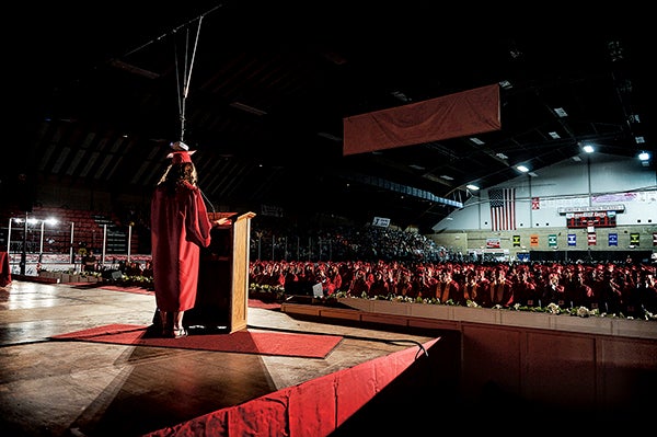 Austin commencement speaker Tori Grev addresses classmates in June 2014 at Riverside Arena. This year’s graduation will move to Austin High School’s Knowlton Auditorium and will be at 7 p.m. June 5. -- Herald file photo