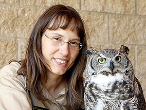 Karla Bloem, the director/naturalist at the Houston Nature Center and Alice the great horned owl. Photo by Sue Fletcher