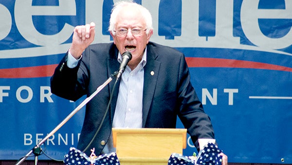 Democratic presidential candidate Bernie Sanders speaks in front of at least 200 people at the Kensett Community Center in Kensett Saturday evening. Sanders, a U.S. senator from Vermon, spoke earlier in the day in Ames and Iowa City. -- Sarah Stultz/Albert Lea Tribune