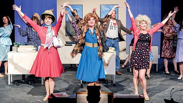 Mandie Siems, as Judy Bernley, from left, Kaye Perry as Violet Newstead and Lia Culbert as Doralee Rhodes rehearse with the cast of the Summerset Theatre production of “9 to 5: The Musical” Wednesday night at Frank W. Bridges Theatre. -- Eric Johnson/photodesk@austindailyherald.com