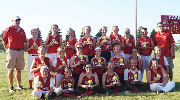 The Austin White and Austin Red 12U softball teams ended up playing each other in the title game of the Fairmont tournament, with Austin Red winning 14-2. Austin Red beat Maple River 11-3 and it topped Jackson 12-1. Austin White beat Blue Earth 11-9 and it beat ELC Extreme 14-3. Photo Provided