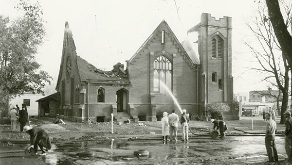 Firefighters respond to the old Central Presbyterian Church fire.  Photo provided by the Mower County Historical Society 