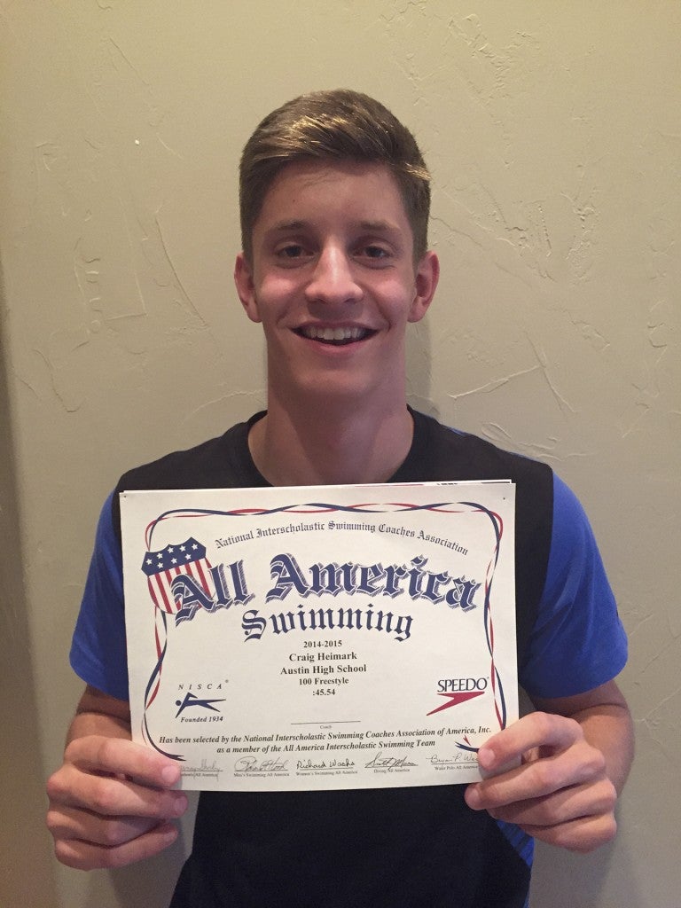Former Packer swimmer Craig Heimark earned All American recognition for his performance at the Class AA state swimming and diving meet this past winter. Heimark, who will be a senior at Fossil Ridge High School in Colo. this fall, won a state title in the 100-yard freestyle last March for Austin with a time of 45.54 seconds. Heimark's time at state was the 75th fastest high school time in the nation and it earned him All-American recognition. Photo Provided