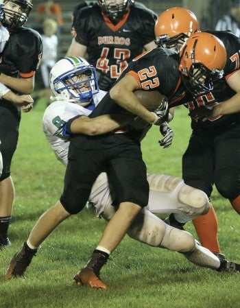 Lyle-Pacelli's Brady Lester brings down a Lanesboro ball carrier on the road Friday. Photo Provided by Faye Bollingberg