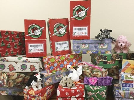 Gift shoeboxes sit collected at Crane Chapel as part of Operation Christmas Child. Photo provided
