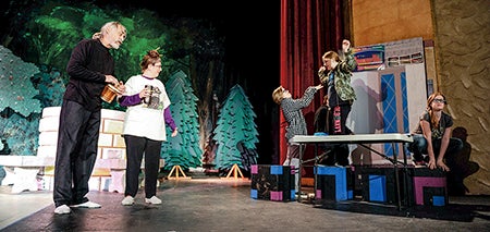 Paul Burger, portraying the science teacher, and Christine Wik, playing the drama teacher, rehearse scenes with students Lydia Wik, Blythe Johnson, Natalie Zettles and C.C. LaVillie. 