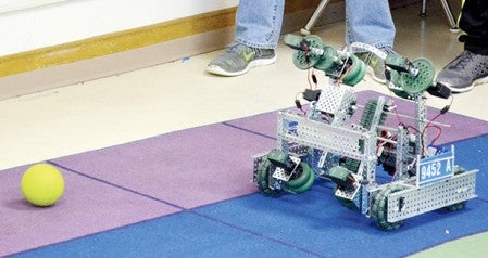 The Ellis Middle School eighth-grade robotics team’s robot. Jenae Hackensmith/jenae.hackensmith@austindailyherald.com