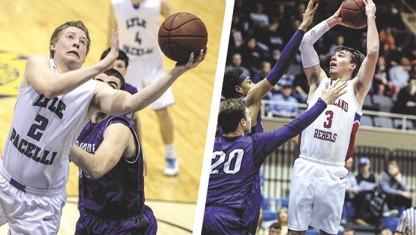 Left: Lyle-Pacelli’s Braden Kocer gets an early look in the first half against Goodhue in their Section 1A West semifinal matchup Monday at Mayo Civic Center in Rochester.   Right: Southland’s Josh Anderson shoots over Grand Meadow’s Terrell Rieken and Michael Stejskal.   Photos by Eric Johnson/photodesk@austindailyherald.com