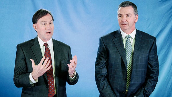 Hormel Foods CEO Jeffrey Ettinger and President James Snee answer questions in January before the company’s annual shareholders meeting. -- Herald file photo