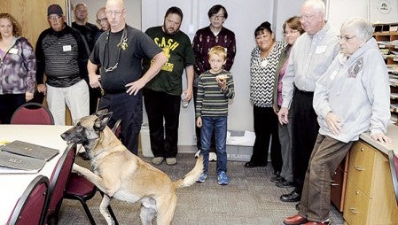 K-9 Sonic works a room as he gives a drug search demonstration for the Citizen’s Academy at the Law Enforcement Center last October. -- Herald file photo