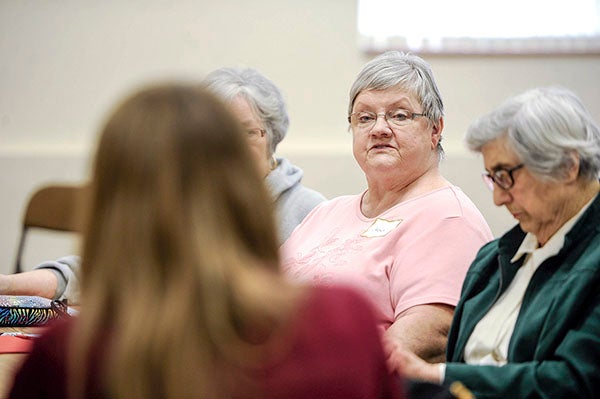 Carolann Thompson gives voice to some of her concerns on prescription drugs during a conference Friday with officials from Sen. Al Franken’s office at the Mower County Senior Center. Eric Johnson/photodesk@austindailyherald.com