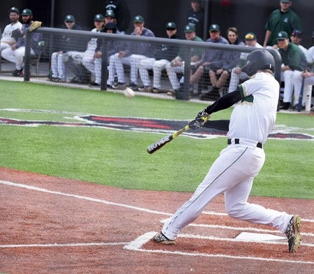 Hayfield grad Tyler Nelson makes solid contact for the Bemidji State University baseball team this season. Photo Provided by BSU Athletics