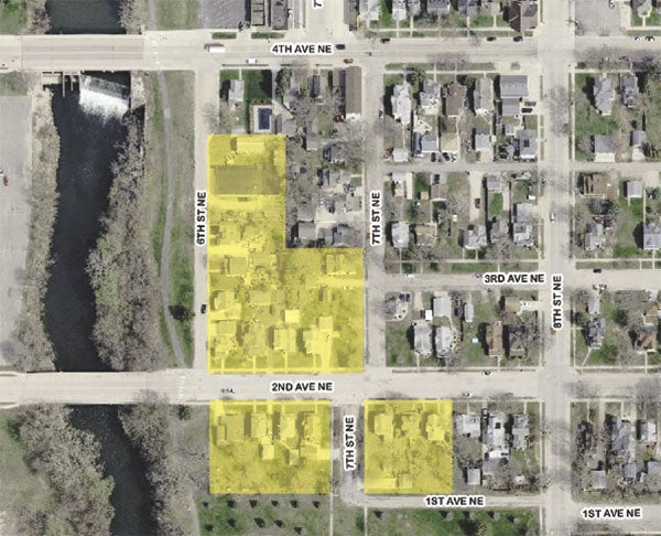 The highlighted areas in yellow are the properties the city could acquire if the Austin City Council chooses to redevelop those areas. The city has the option to either protect those properties with berm a and levee for $3.5 million or acquire the homes for $1.2 million and redevelop the area.  Information courtesy the city of Austin