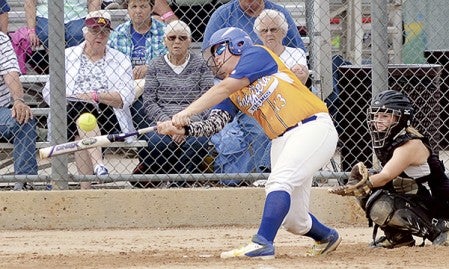 Hayfield catcher Grace Mindrup swings on a pitch during the Minnesota Class A State Softball Tournament last season. Herald file photo
