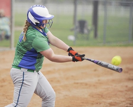 Mia Bauer connects for a double against Glenville-Emmons Friday afternoon. Eric Johnson/photodesk@austindailyherald.com