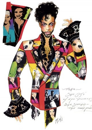 This costume designed by Stacia Lang was a 2-piece pajama ensemble. Photos of Prince's band, the New Power Generation, were transferred onto silk charmeuse, and then color was hand-painted on. A swatch of the real fabric is up in the left corner. Prince wore silk suits that we called "pajamas," because of the seemingly informal and soft structure they had. Provided