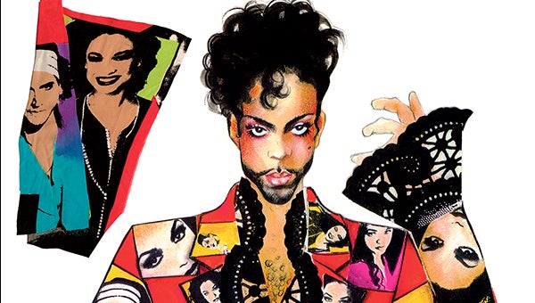 This costume designed by Stacia Lang was a 2-piece pajama ensemble. Photos of Prince's band, the New Power Generation, were transferred onto silk charmeuse, and then color was hand-painted on. A swatch of the real fabric is up in the left corner. Prince wore silk suits that we called "pajamas," because of the seemingly informal and soft structure they had. Provided