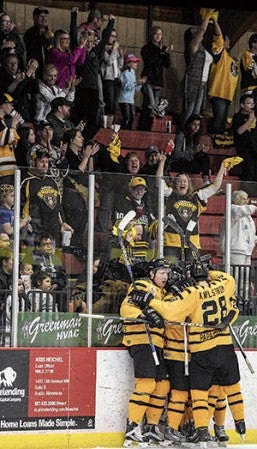 The Bruins and the crowd celebrate the team’s second goal of the second period of game four in the Central Division championship series against Bismarck Saturday night at Riverside Arena. 