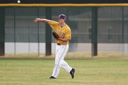 Jordan Hart makes a throw from the outfield for the Mavericks this season. Photo Provided by Minnesota State Athletics
