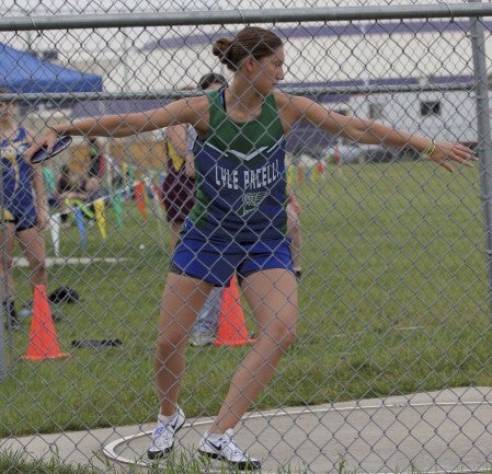 Lyle-Pacelli’s Sarah Holtz throws the discus in Grand Meadow Thursday. Photo Provided by Colleen Nelson