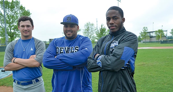 From left: RCC’s Mitch Kelly, Omar Colon and Risandro Pastor led the Blue Devils to their third straight conference title this spring. The Riverland Community College baseball team will open postseason play against Minnesota West at Seltz Field Friday. Rocky Hulne/sports@austindailyherald.com