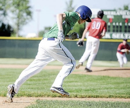 Lyle-Pacelli’s Bryce Strouf races to first during an at-bat against United South Central in the Section 1A West Tournament Thursday at Riverland Community College. Eric Johnson/photodesk@austindailyherald.com
