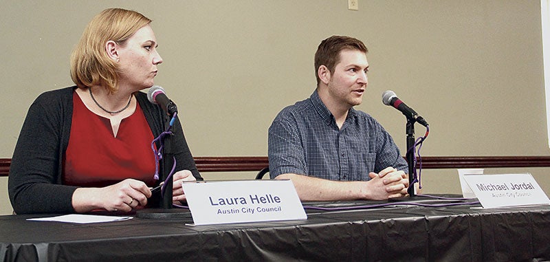 Ward 1candidates Laura Helle and incumbent Michael Jordal participate in a candidate forum at the Austin Eagles Club Thursday. Jason Schoonover/jason.schoonover@austindailyherald.com
