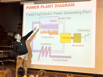 Richard Lemon, an electrical engineer, takes Neveln Elementary School third and fourth graders through how a power plant generates electricity during the Science Fair Mentoring kickoff on Thursday.