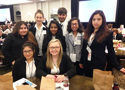 Pacelli Catholic Schools students participate in the HOSA Conference. Pictured in the back row, from left, are Whitney Walkup and Isaac Kraushaar; in the middle row: Evelyn Serrano, Shenali DeSilva, Neha ThawaniNanda and Emily De La Cruz; and in the front row are: Sarai Sorela and Tayha Rogne. 