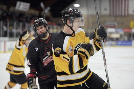 Austin’s Michael Piehler celebrates his goal in the second period against the Magicians Friday night in Riverside Arena. Eric Johnson/photodesk@austindailyherald.com