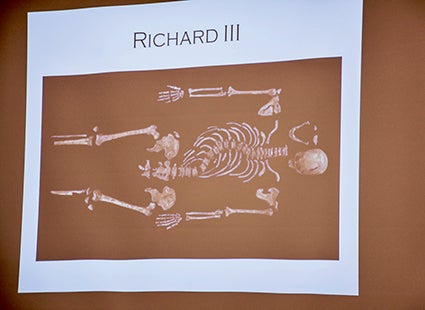 The rearticulated skeleton of Richard III, found under a parking lot near Leicester, England, in 2012. 