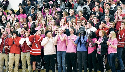 The Austin High School student sectin was in full force on the ‘Paint the Gym Pink’ night in Packer Gym Monday. The Packers beat Mankato West 65-52 in a boys basketball game. 