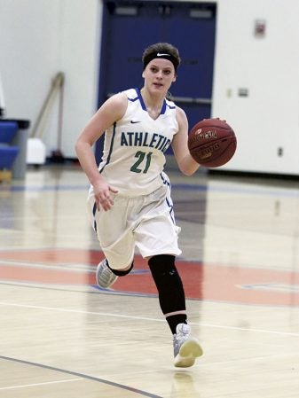 Abby Bollingberg handles the ball for the Lyle-Pacelli girls basketball team in Randolph Friday. Photo Provided by Faye Bollingberg