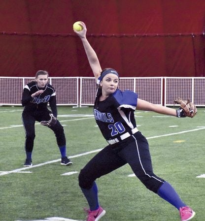 Allison Sharpe pitches for the Riverland Community College softball team against Lake Region College in the Dome in Wescott Athletic Complex Monday. Rocky Hulne/sportsaustindailyherald.com